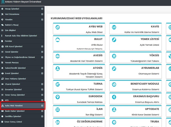 AYBÜ Web Yönetimi – Sayfalar ekranı (listeleme)